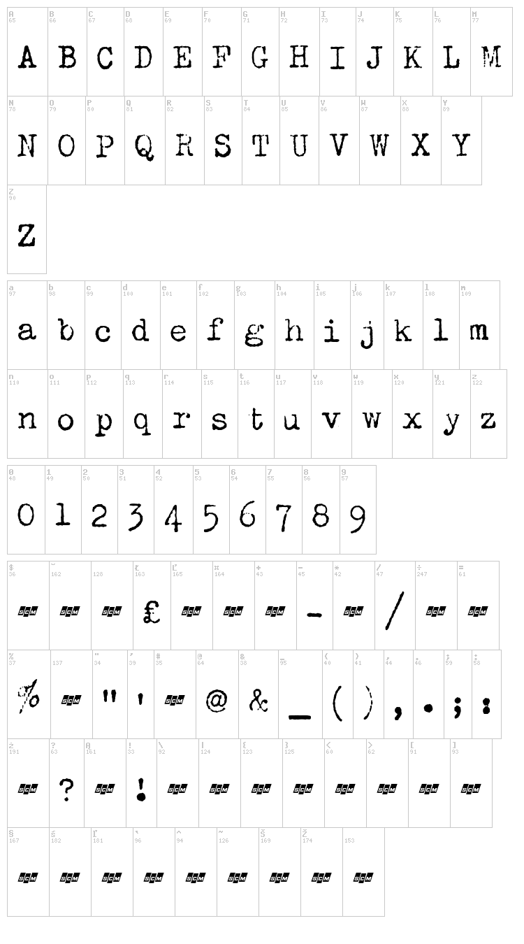 SCM Zephyr Deluxe font map